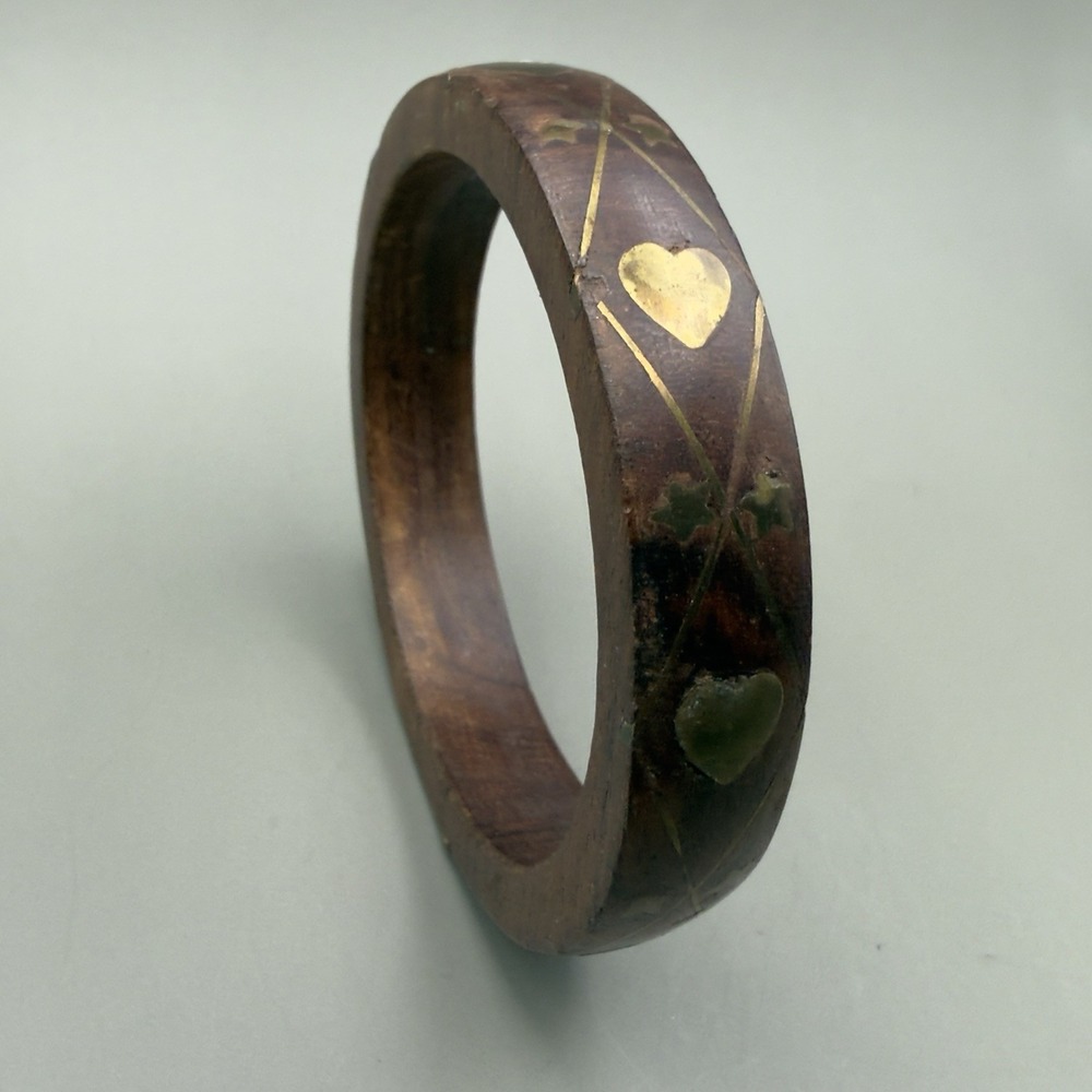 Vintage Wood Inlay Bangle Bracelet Gold Tone Hearts Stars Boho Folk Art
